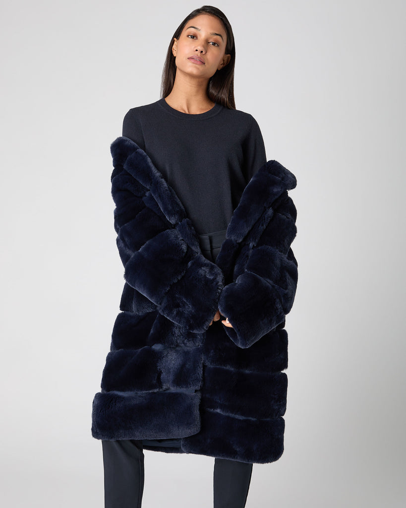 Women's Long Rex Rabbit Coat Dark Navy | N.Peal