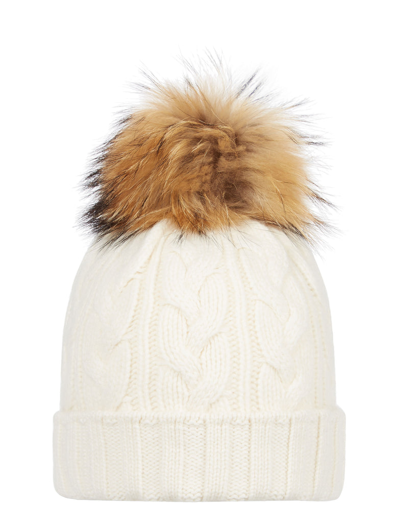 Unisex Chunky Cable Raccoon Pom Hat New Ivory White | N.Peal