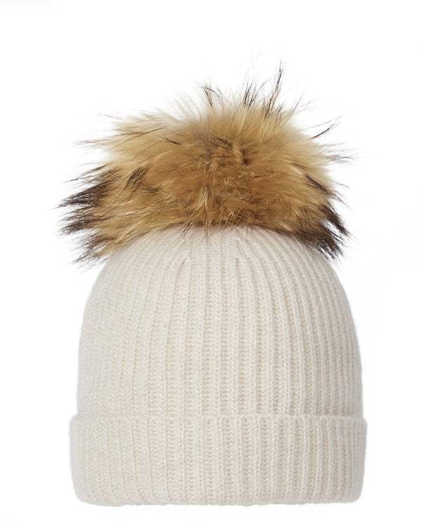 Women's Ribbed Cashmere Hat With Detachable Pom Ecru White Sparkle