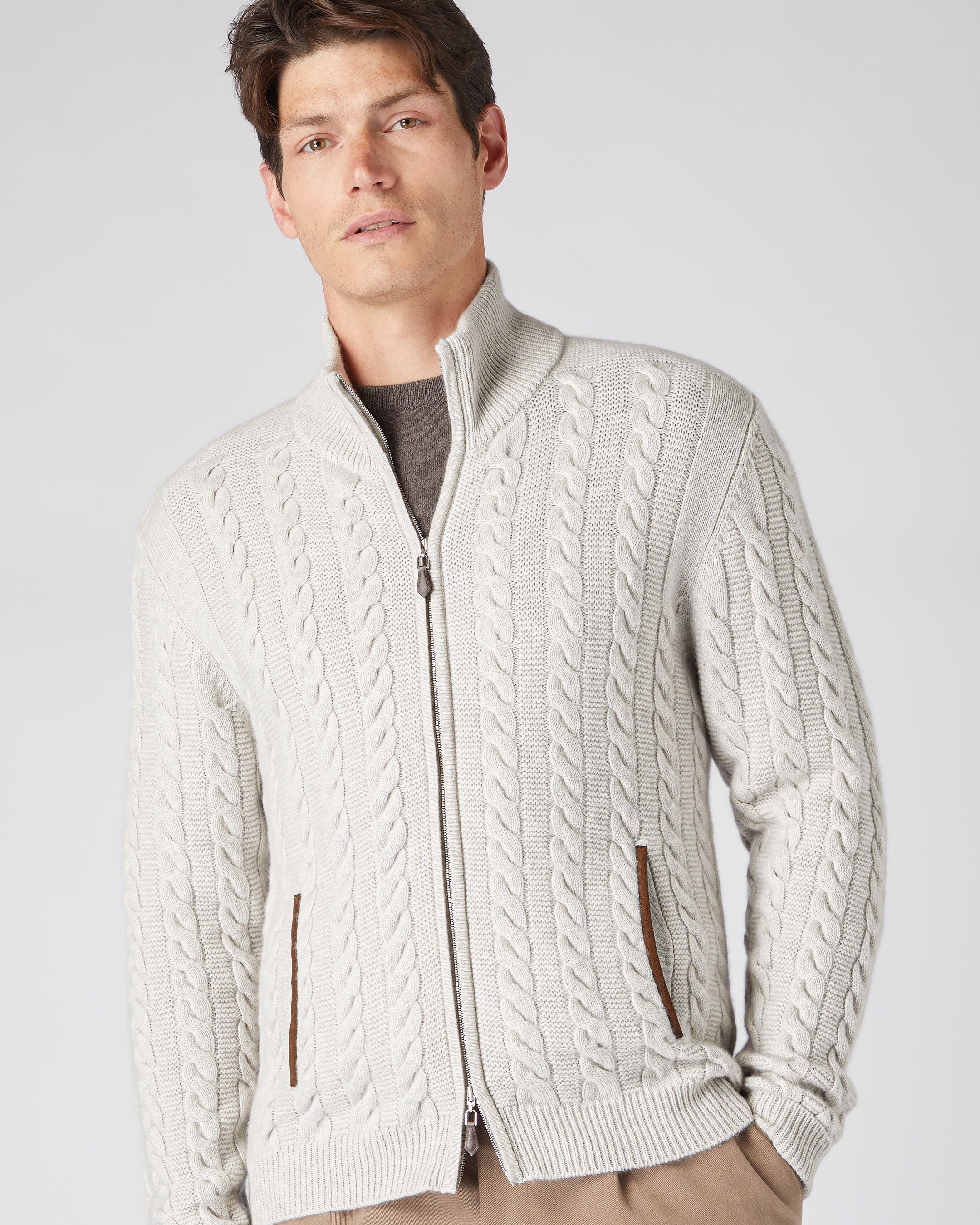 Men's Fur Lined Cable Cardigan Pebble Grey | N.Peal