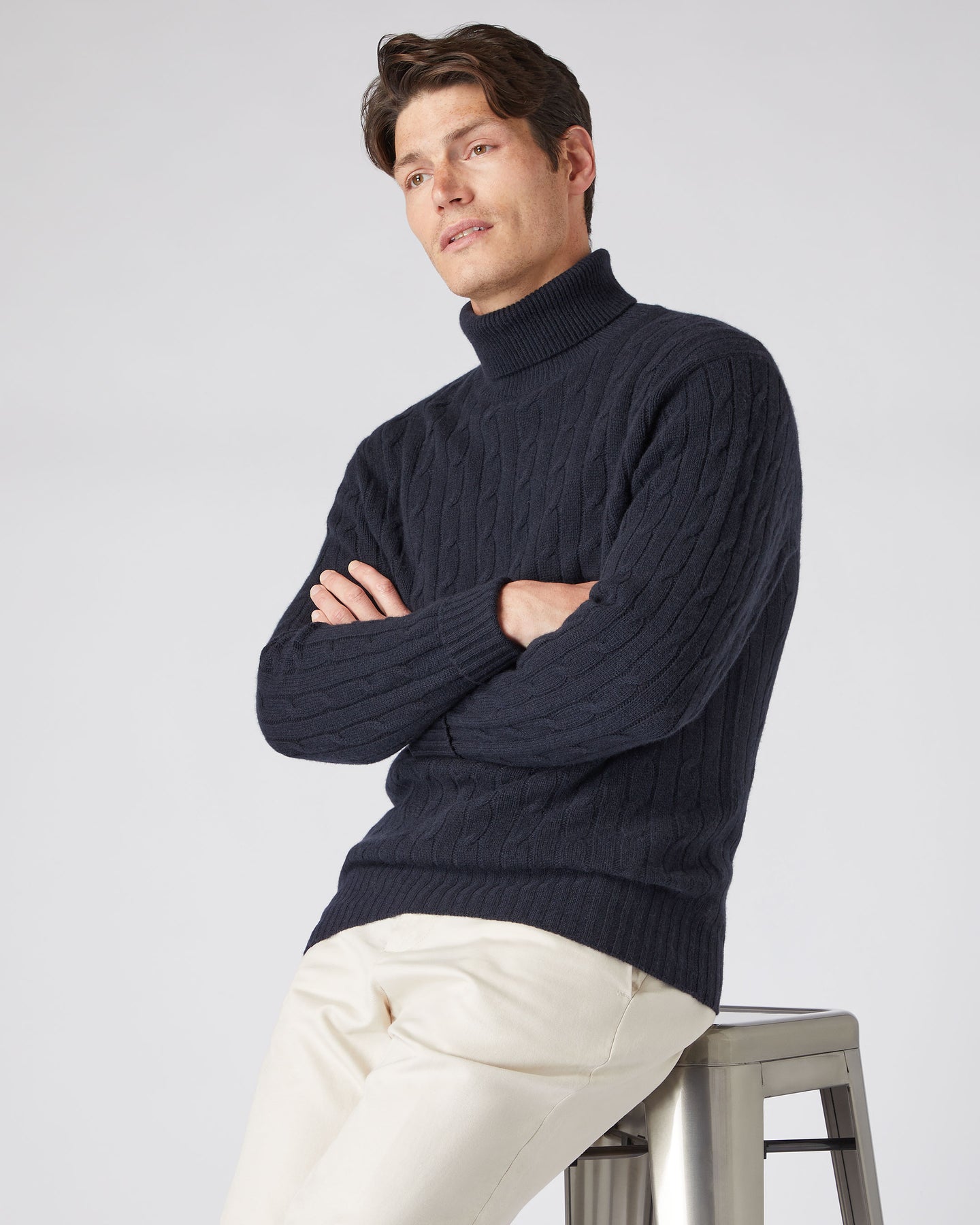 Men's Classic Cable Roll Neck Cashmere Jumper Navy Blue | N.Peal