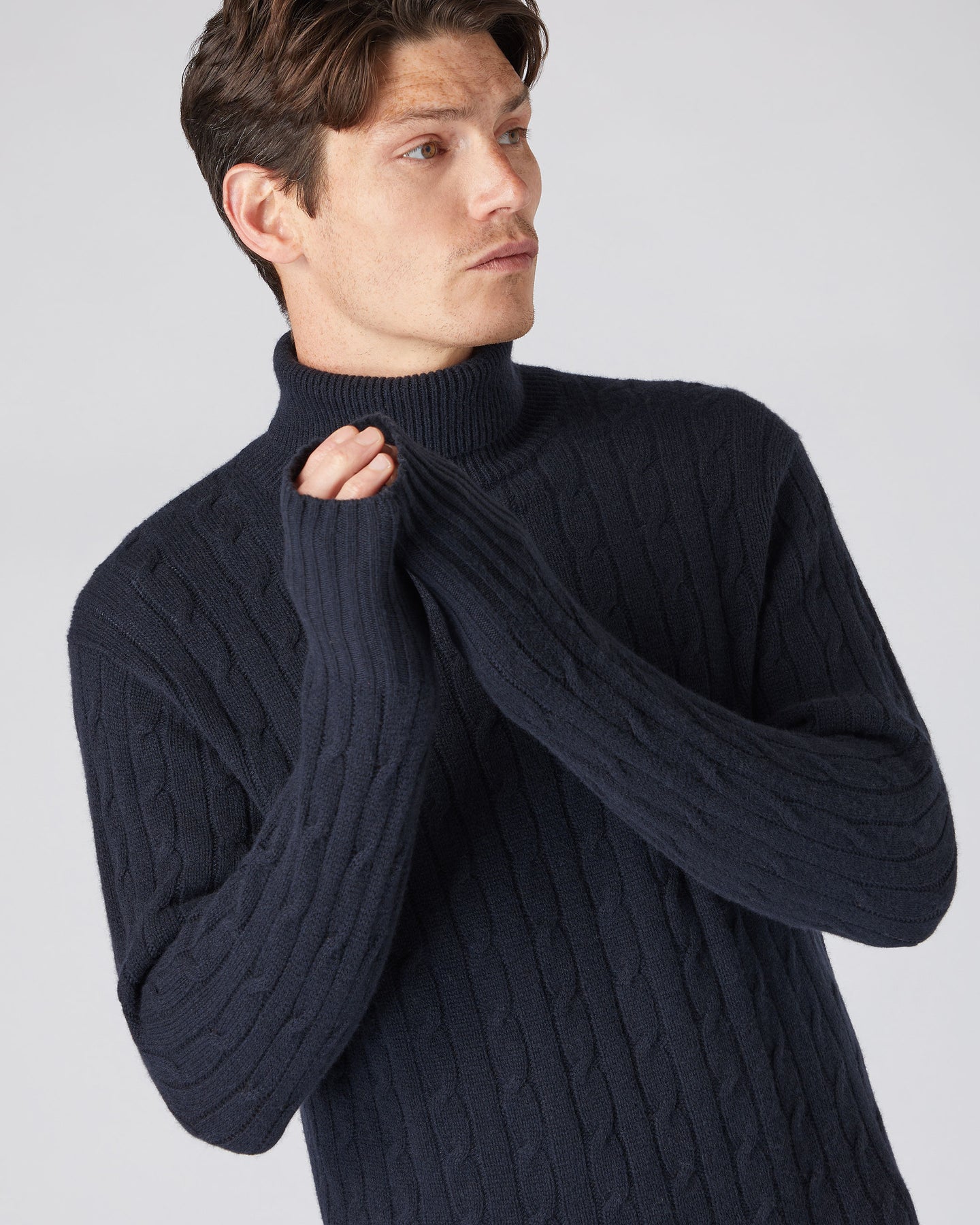 Men's Classic Cable Roll Neck Cashmere Jumper Navy Blue | N.Peal