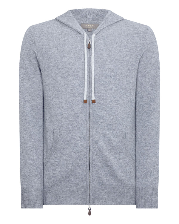 N.Peal Men's Hooded Zipped Cashmere Top Mid Grey Melange