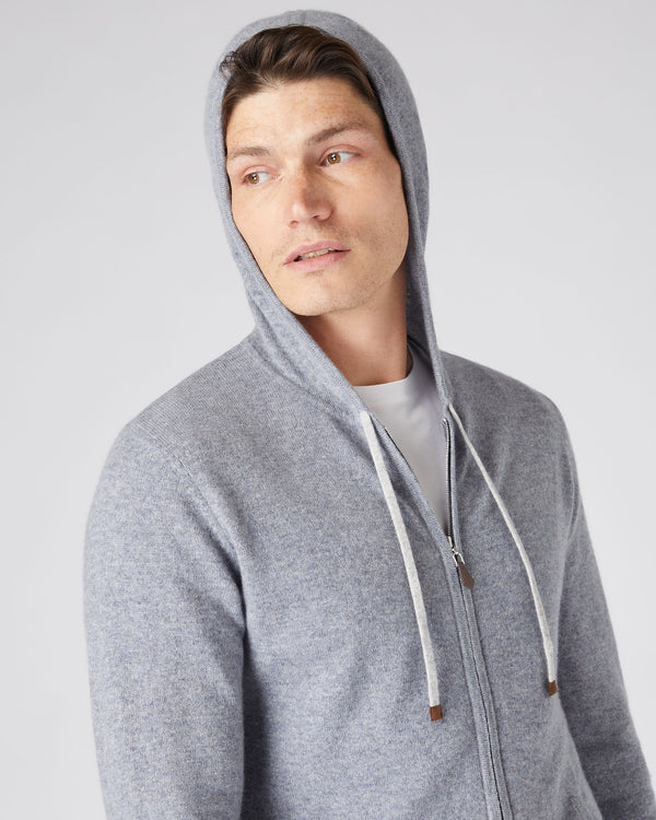 N.Peal Men's Hooded Zipped Cashmere Top Mid Grey Melange