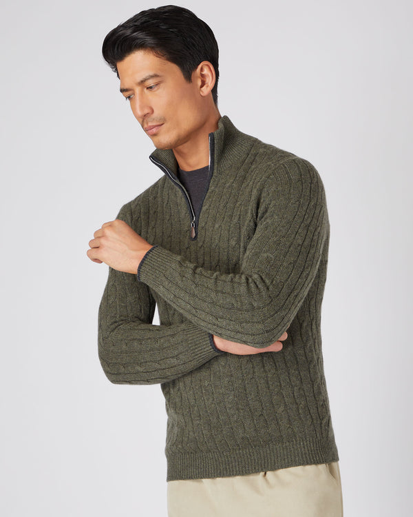 N.Peal Men's Cable Half Zip Cashmere Jumper Moss Green