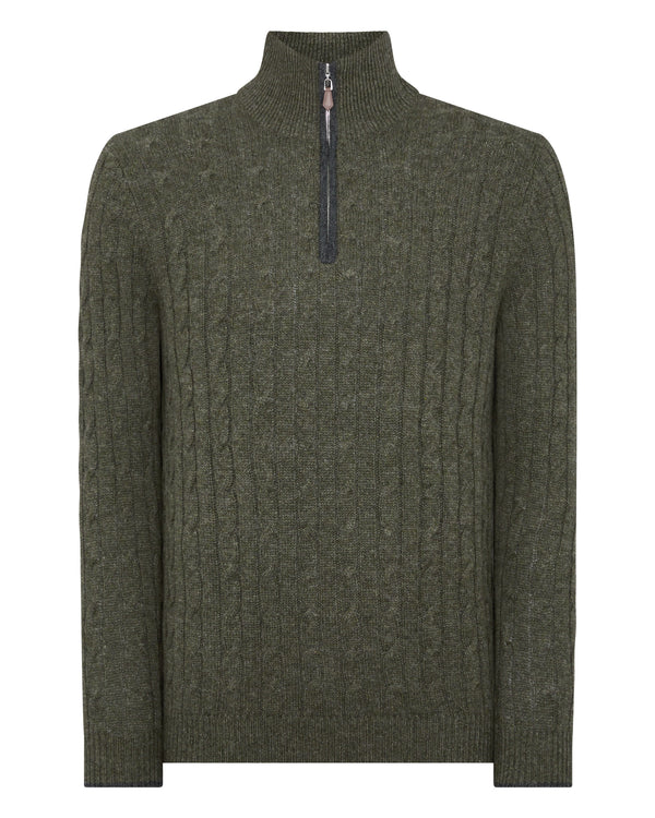 N.Peal Men's Cable Half Zip Cashmere Jumper Moss Green