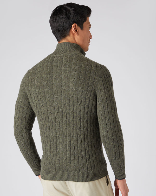 N.Peal Men's Cable Half Zip Cashmere Jumper Moss Green