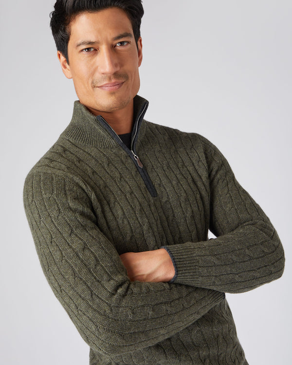 N.Peal Men's Cable Half Zip Cashmere Jumper Moss Green