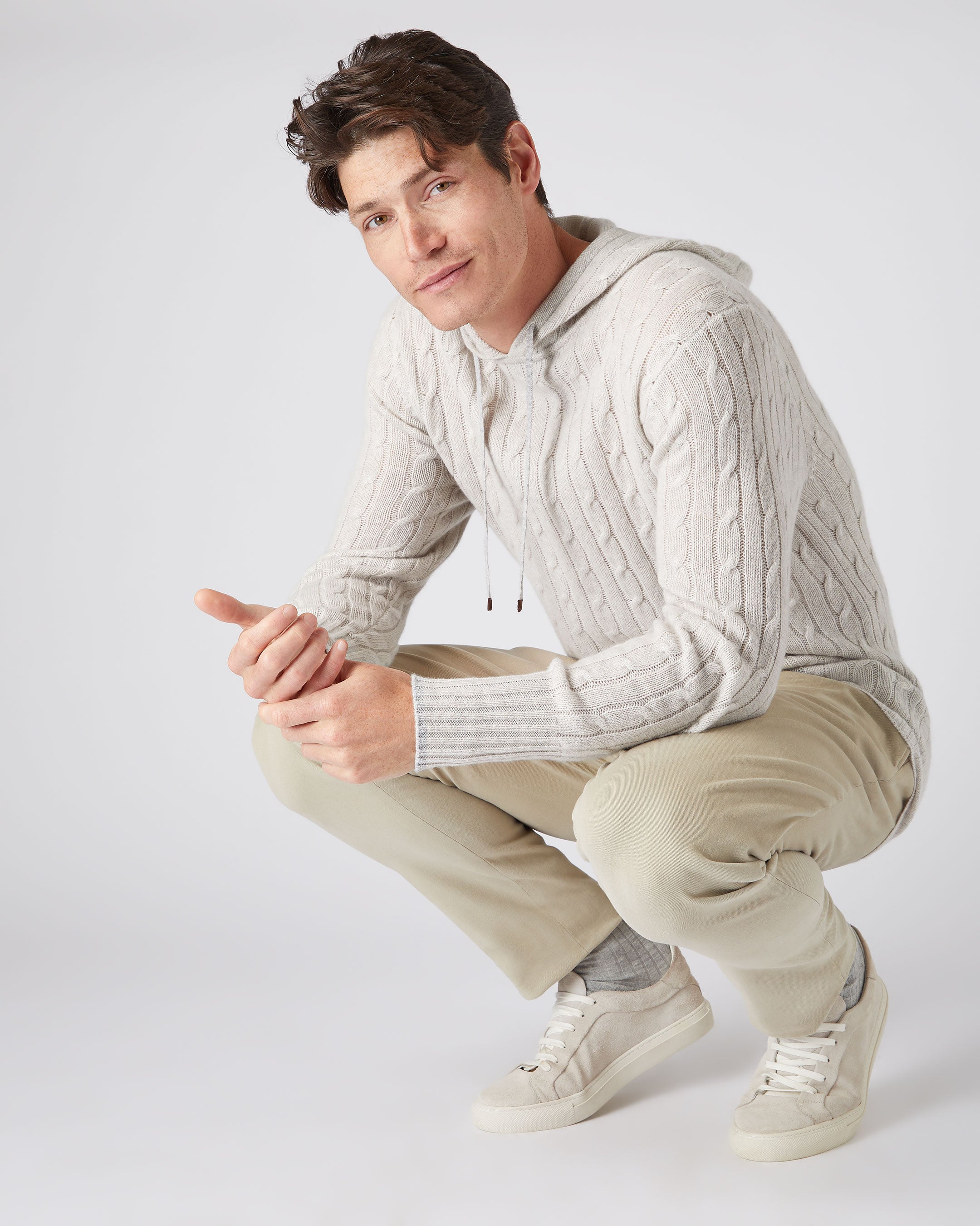 Men's Cable Cashmere Hoodie Pebble Grey | N.Peal