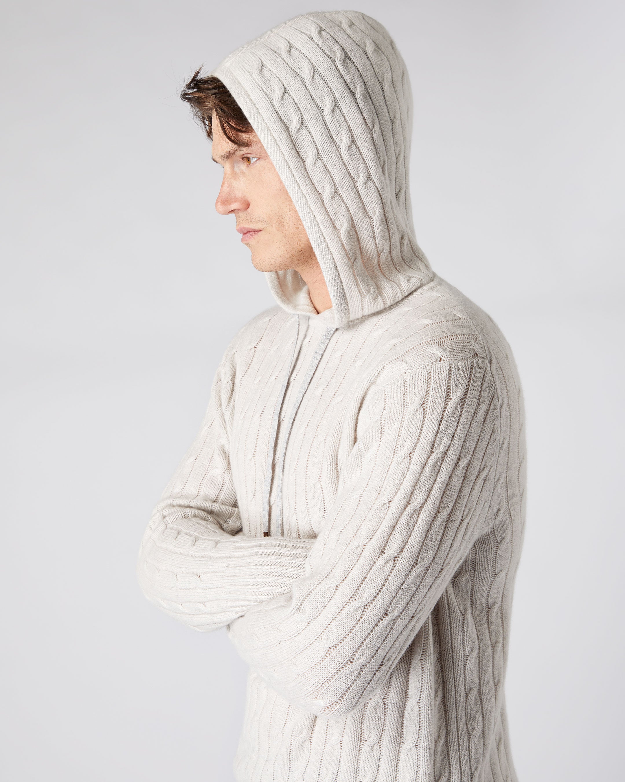 Men's Cable Cashmere Hoodie Pebble Grey | N.Peal