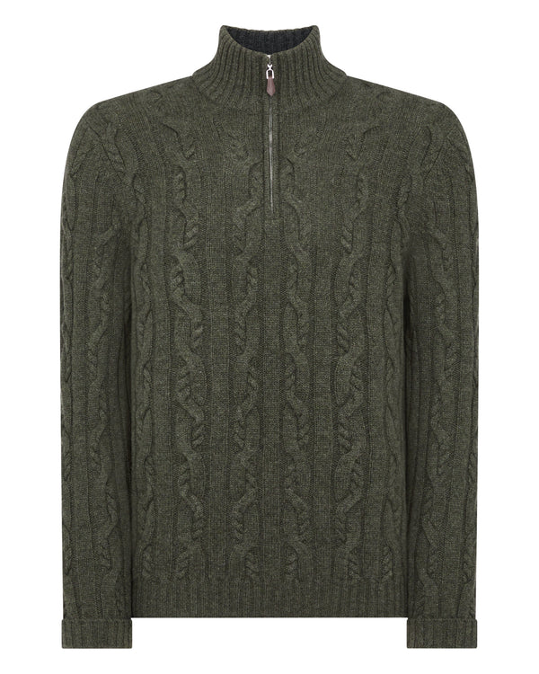 N.Peal Men's Textured Cable Half Zip Cashmere Jumper Moss Green