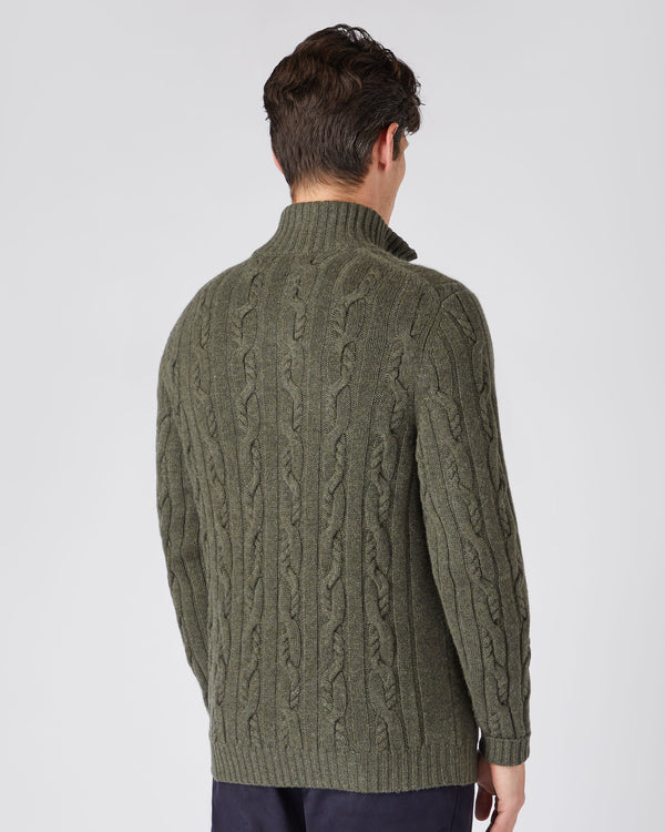 N.Peal Men's Textured Cable Half Zip Cashmere Jumper Moss Green