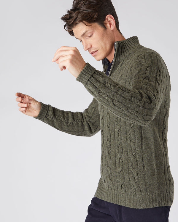 N.Peal Men's Textured Cable Half Zip Cashmere Jumper Moss Green