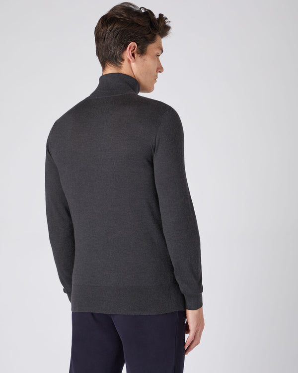 N.Peal Men's Fine Gauge Cashmere Roll Neck Jumper Flint Grey