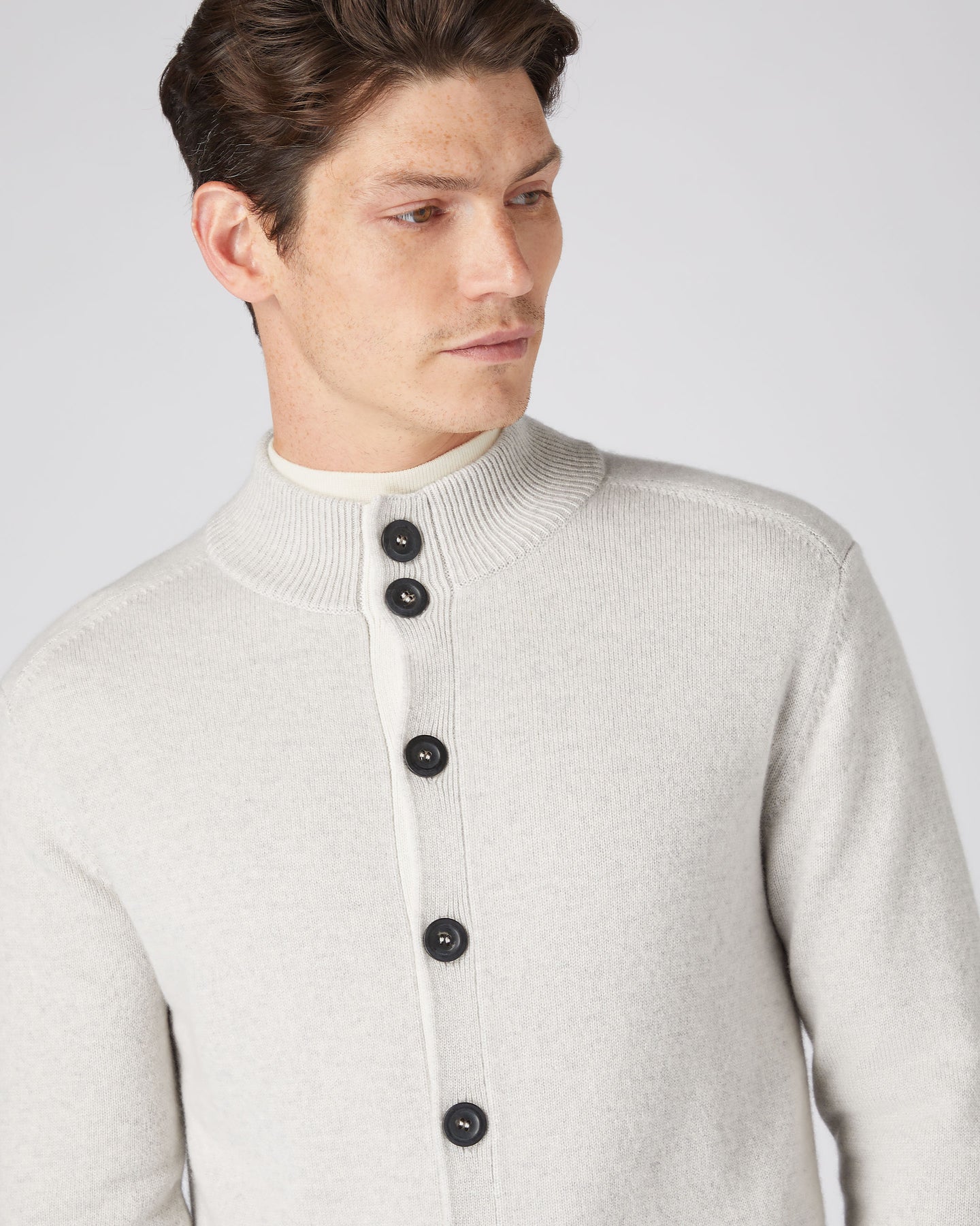 Men's Full Button Cashmere Jumper Pebble Grey | N.Peal