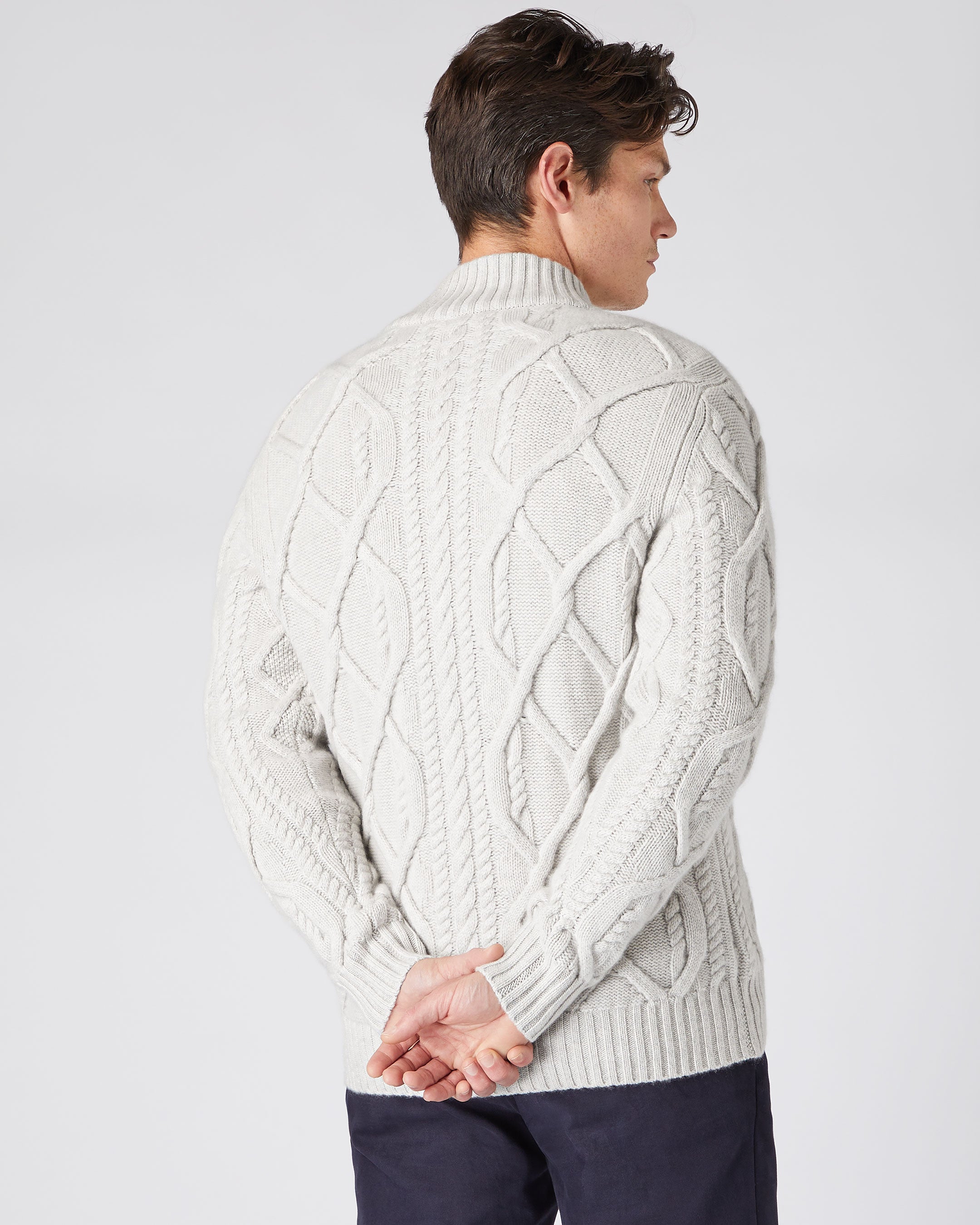 Men's Cable Button Cashmere Cardigan Pebble Grey | N.Peal