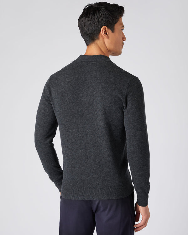 N.Peal Men's Cashmere Polo Jumper Dark Charcoal Grey