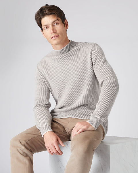 Men's Two Tone Funnel Neck Cashmere Jumper Snow Grey | N.Peal