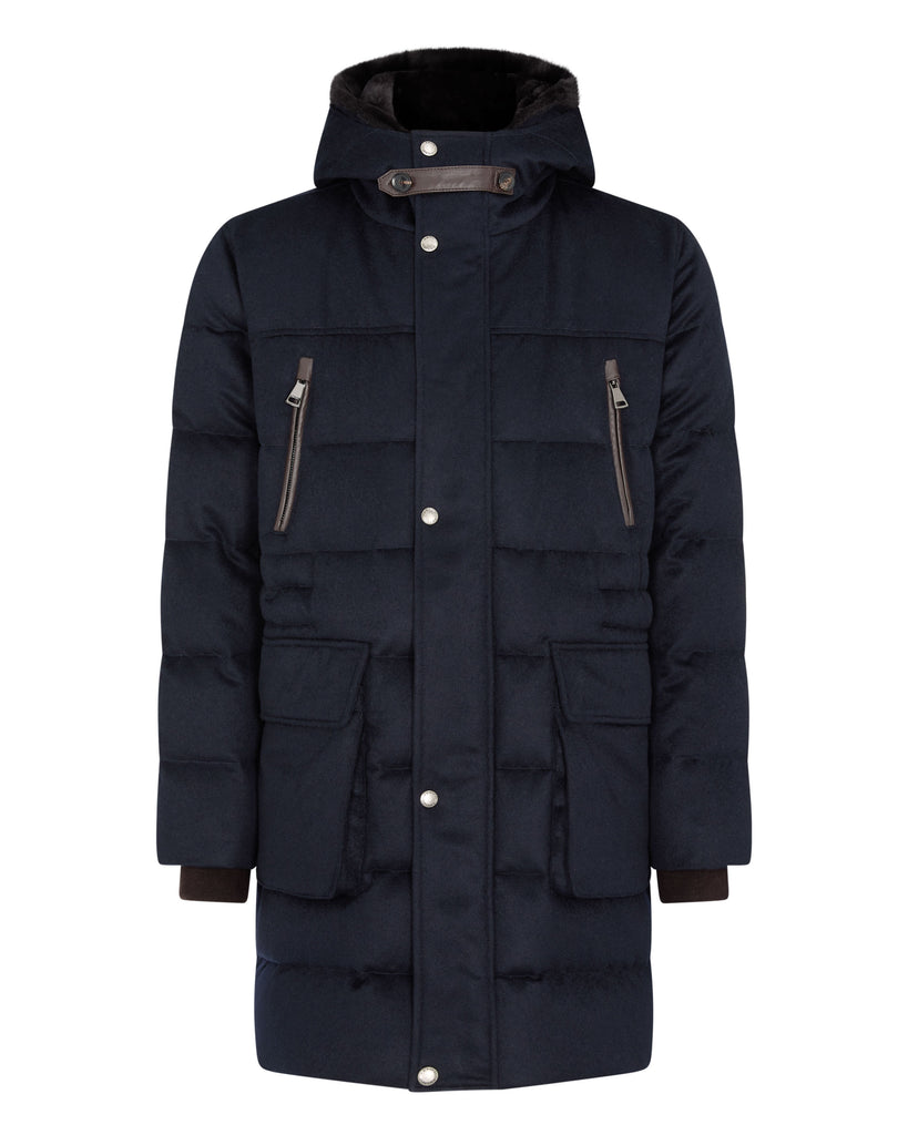 Men's Fur Hooded Quilted Coat Navy Blue | N.Peal