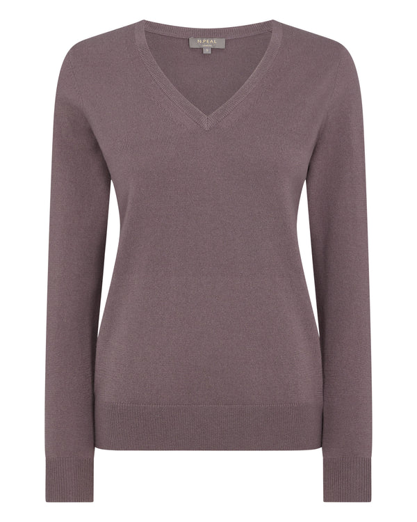 N.Peal Women's V Neck Cashmere Jumper Grape Purple