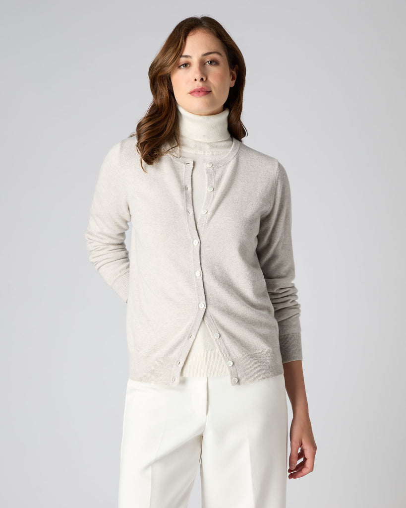 Women's Round Neck Cashmere Cardigan Pebble Grey | N.Peal