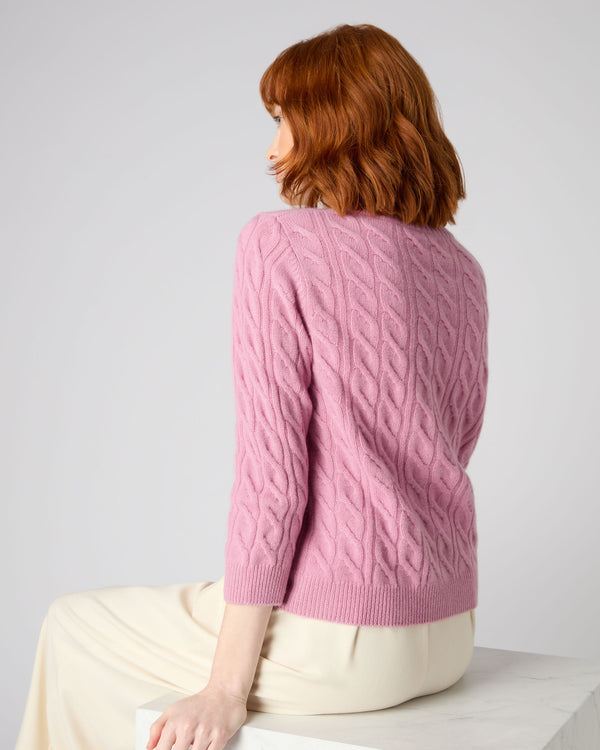 N.Peal Women's Round Neck Cable Cashmere Jumper Burano Pink