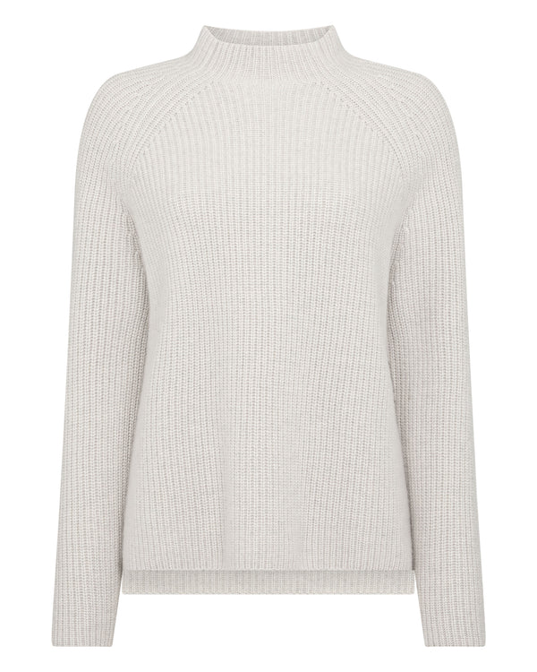 N.Peal Women's Fisherman Rib Funnel Cashmere Jumper Pebble Grey