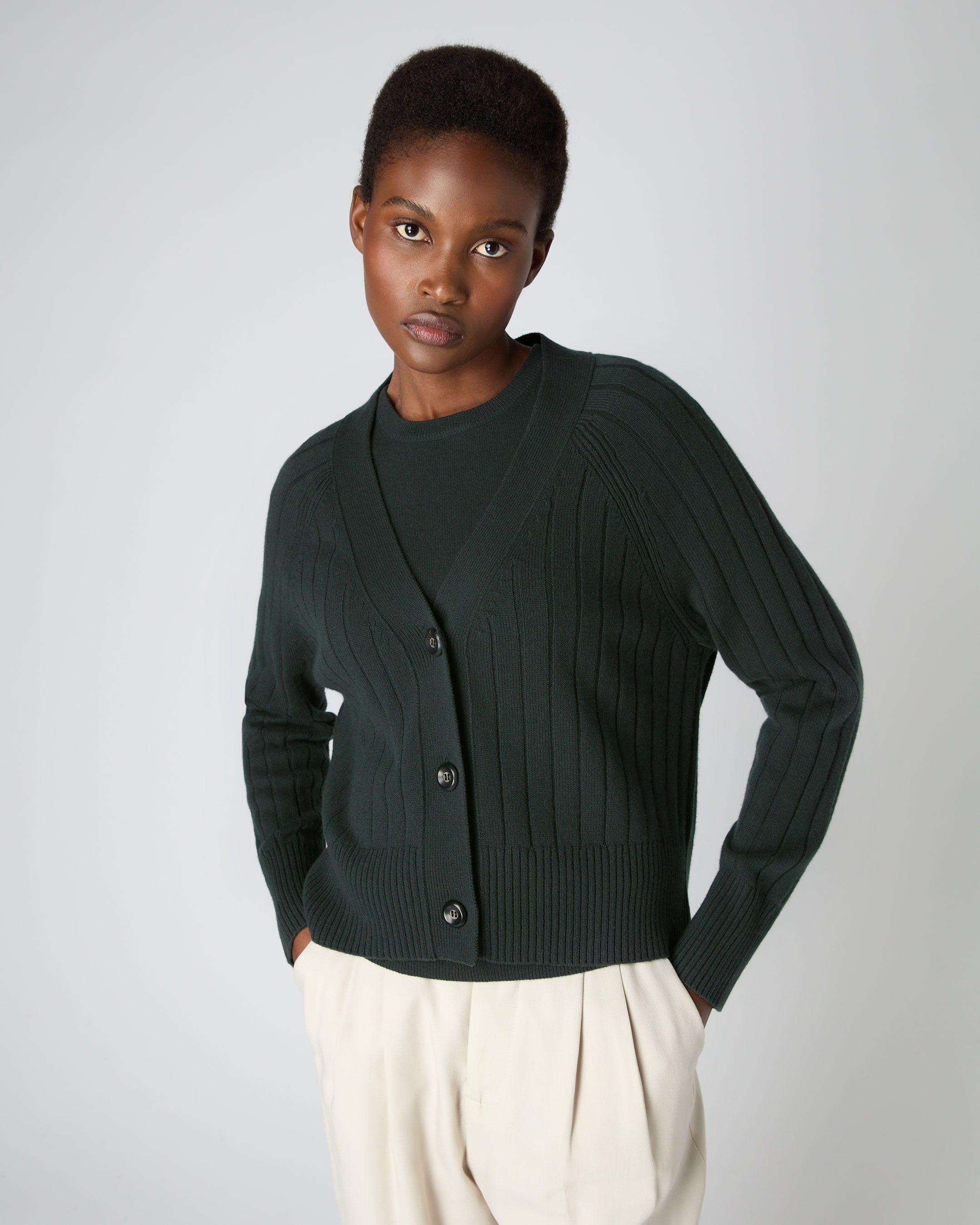 Women's Wide Rib Cashmere Cardigan Dark Green | N.Peal