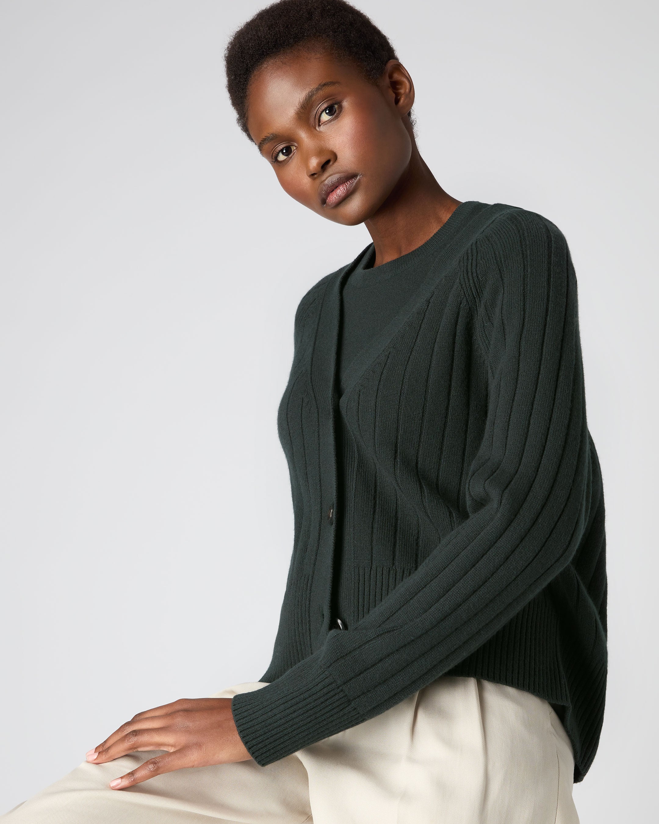 Women's Wide Rib Cashmere Cardigan Dark Green | N.Peal