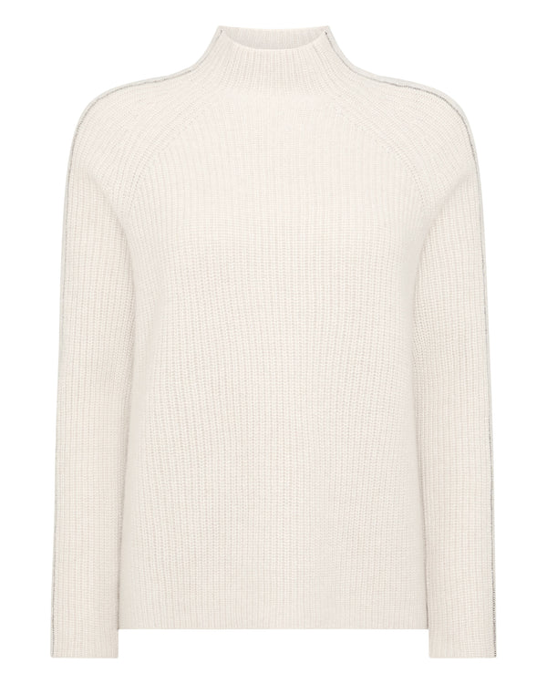 N.Peal Women's Metal Trim Funnel Neck Cashmere Jumper With Lurex Ecru White Sparkle