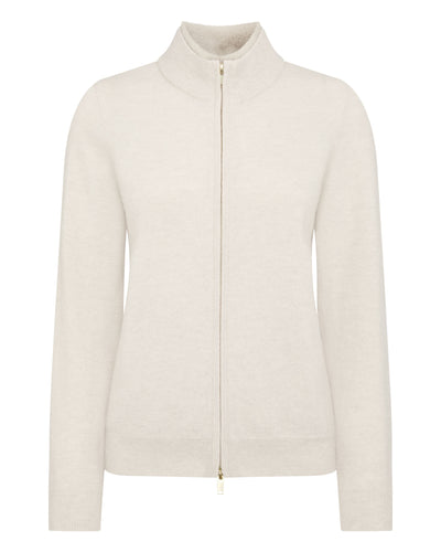 N.Peal Women's Full Zip Cashmere Jumper With Fur Trim Ecru White