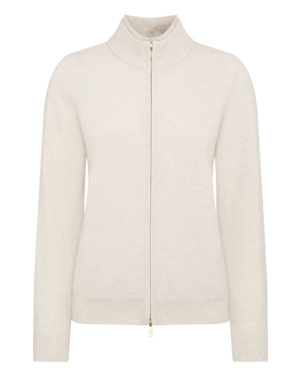 N.Peal Women's Full Zip Cashmere Jumper With Fur Trim Ecru White