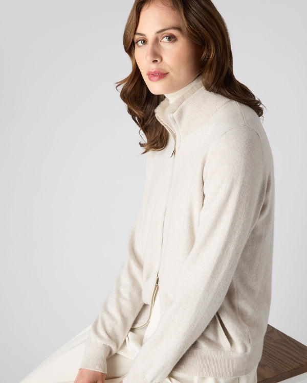 N.Peal Women's Full Zip Cashmere Jumper With Fur Trim Ecru White