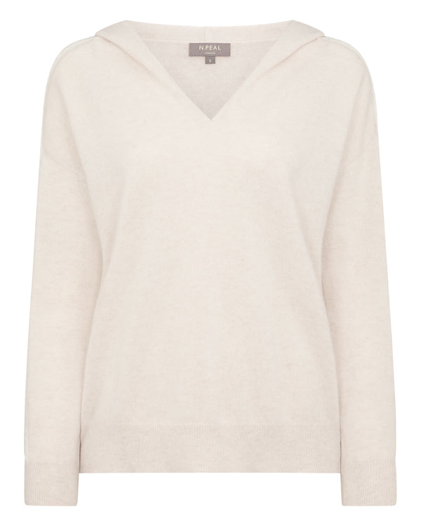 N.Peal Women's Lurex Detail Cashmere Hoodie Ecru White