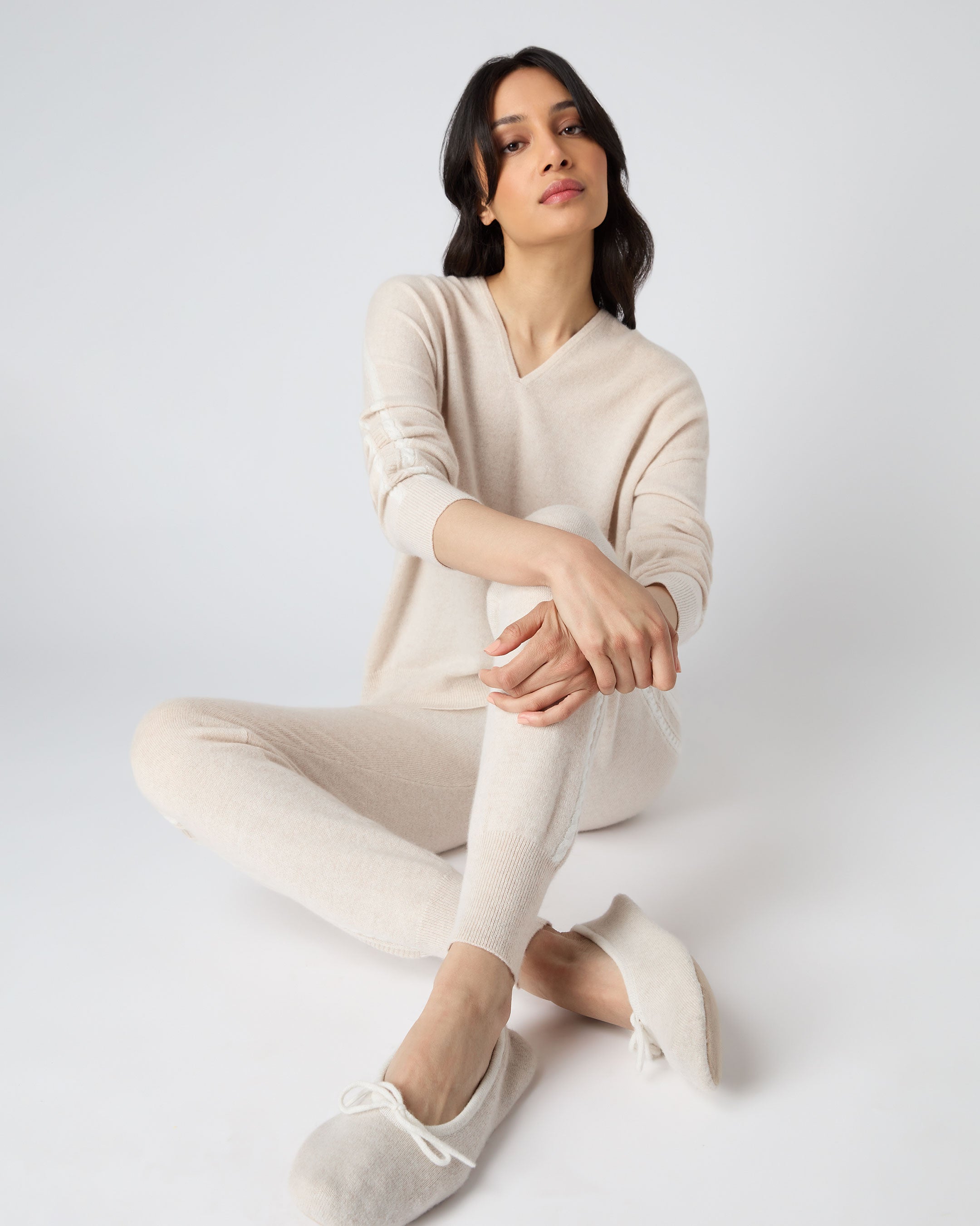 Women's Lurex Detail Cashmere Hoodie Ecru White | N.Peal