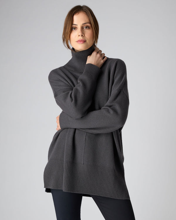 Women's Mock Neck Long Cashmere Jumper Flint Grey