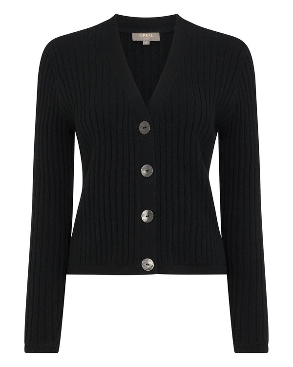 N.Peal Women's Wide Rib Crop Cashmere Cardigan Black