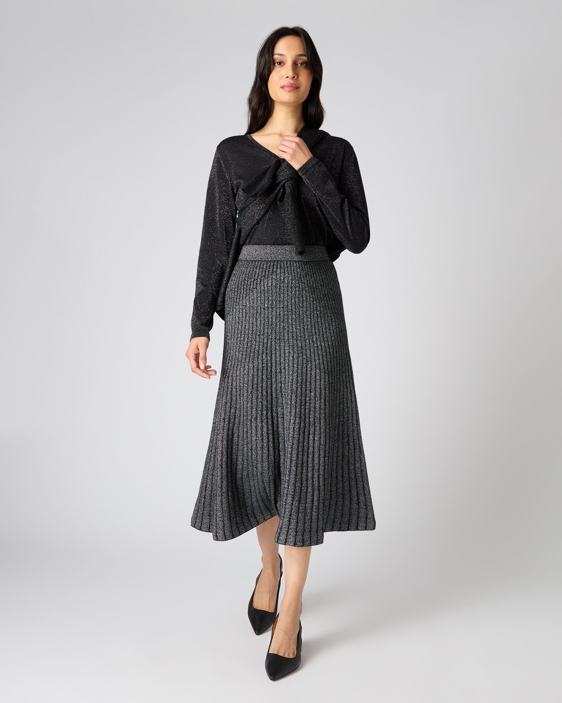 Women's Plated Rib Skirt With Lurex Black Sparkle | N.Peal