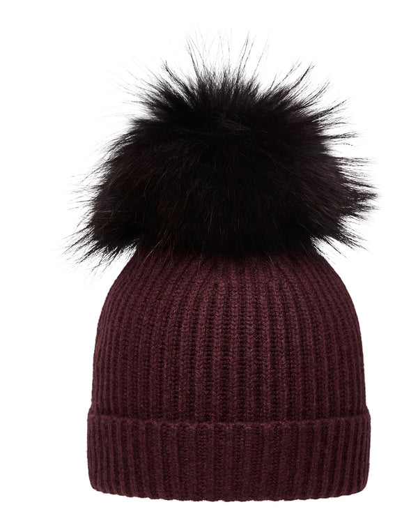 N.Peal Unisex Ribbed Cashmere Hat With Detachable Pom Claret Red