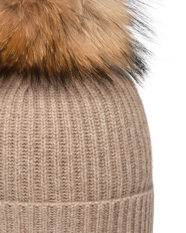 N.Peal Unisex Ribbed Cashmere Hat With Detachable Pom Oatmeal Brown