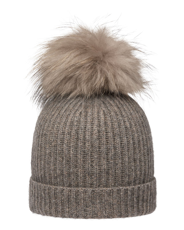 N.Peal Unisex Ribbed Cashmere Hat With Detachable Pom Wood Smoke Brown