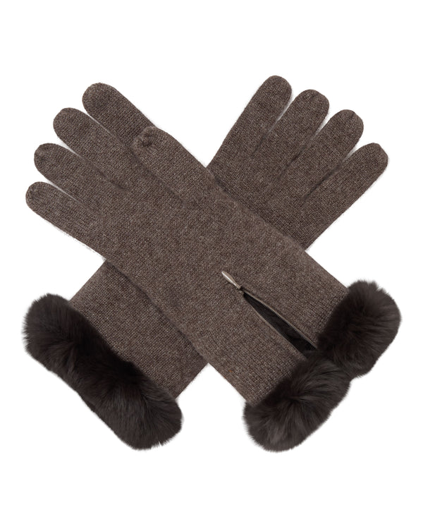 N.Peal Women's Fur Trim Cashmere Gloves Biscotti Brown