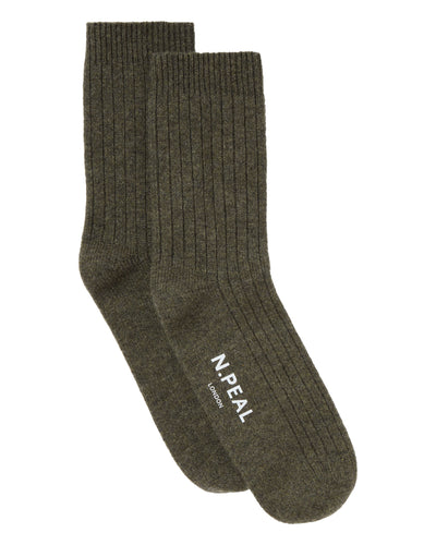 N.Peal Men's Rib Cashmere House Socks Moss Green