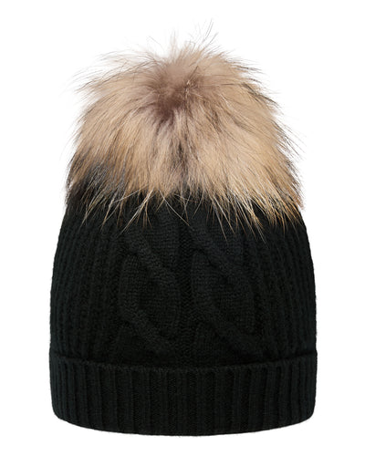 N.Peal Women's Cable Cashmere Hat With Fur Pom Black