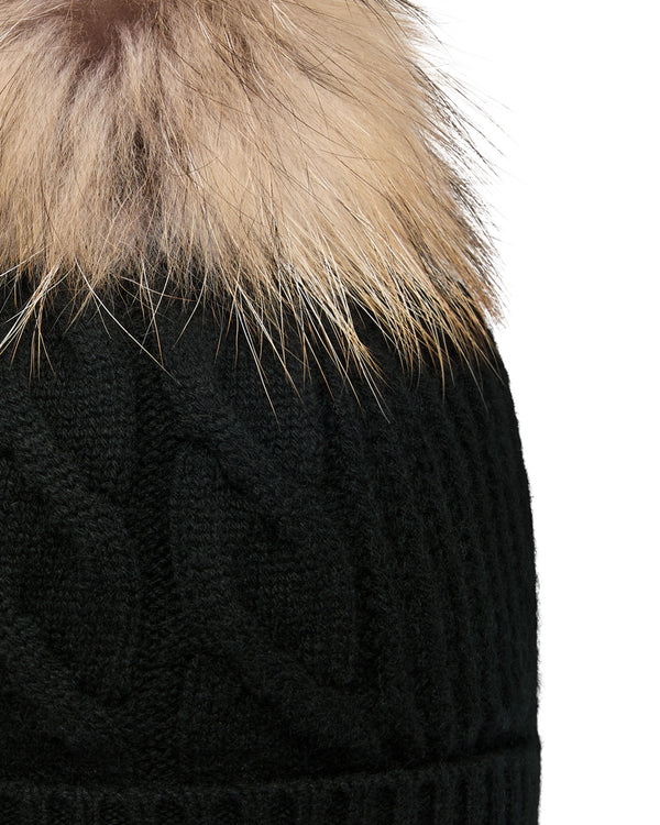 N.Peal Women's Cable Cashmere Hat With Fur Pom Black