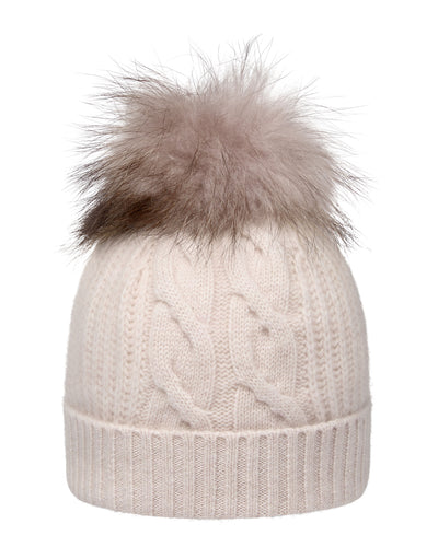 N.Peal Women's Cable Cashmere Hat With Fur Pom Frost White