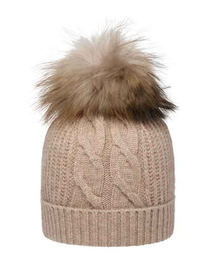 N.Peal Women's Cable Cashmere Hat With Fur Pom Oatmeal Brown