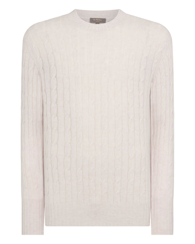 N.Peal Men's Thames Cable Round Neck Cashmere Jumper Frost White