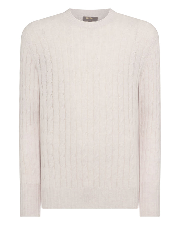 N.Peal Men's Thames Cable Round Neck Cashmere Jumper Frost White