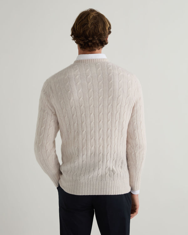 N.Peal Men's Thames Cable Round Neck Cashmere Jumper Frost White